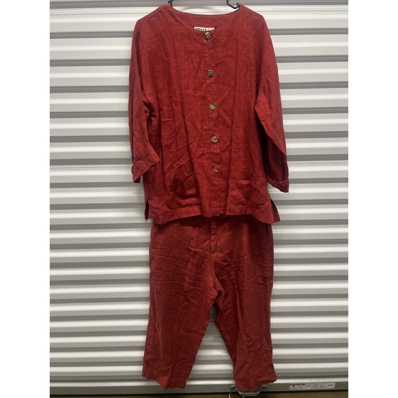 Chico's Design Size 2 Women Red 100% Linen 2 Piece Set Tunic Top Cropped Pants — photo 2